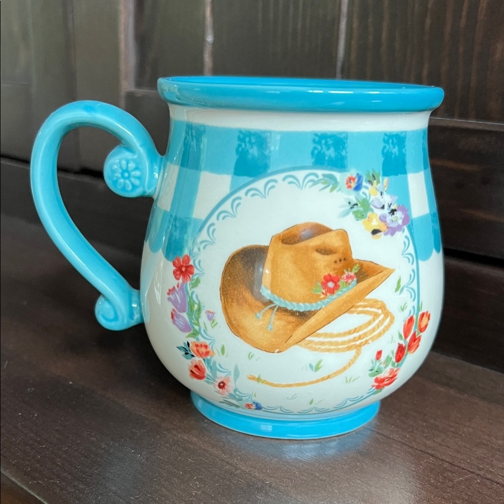 The Pioneer Woman Turquoise and Cream Mug with Floral Cowboy Hat Design